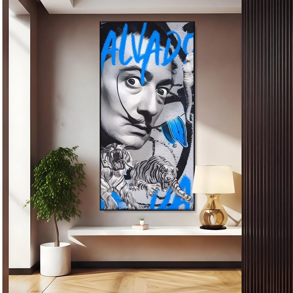 Tablou canvas cu tablou canvas cu salvador dali si tigri, in rama de aluminiu negru